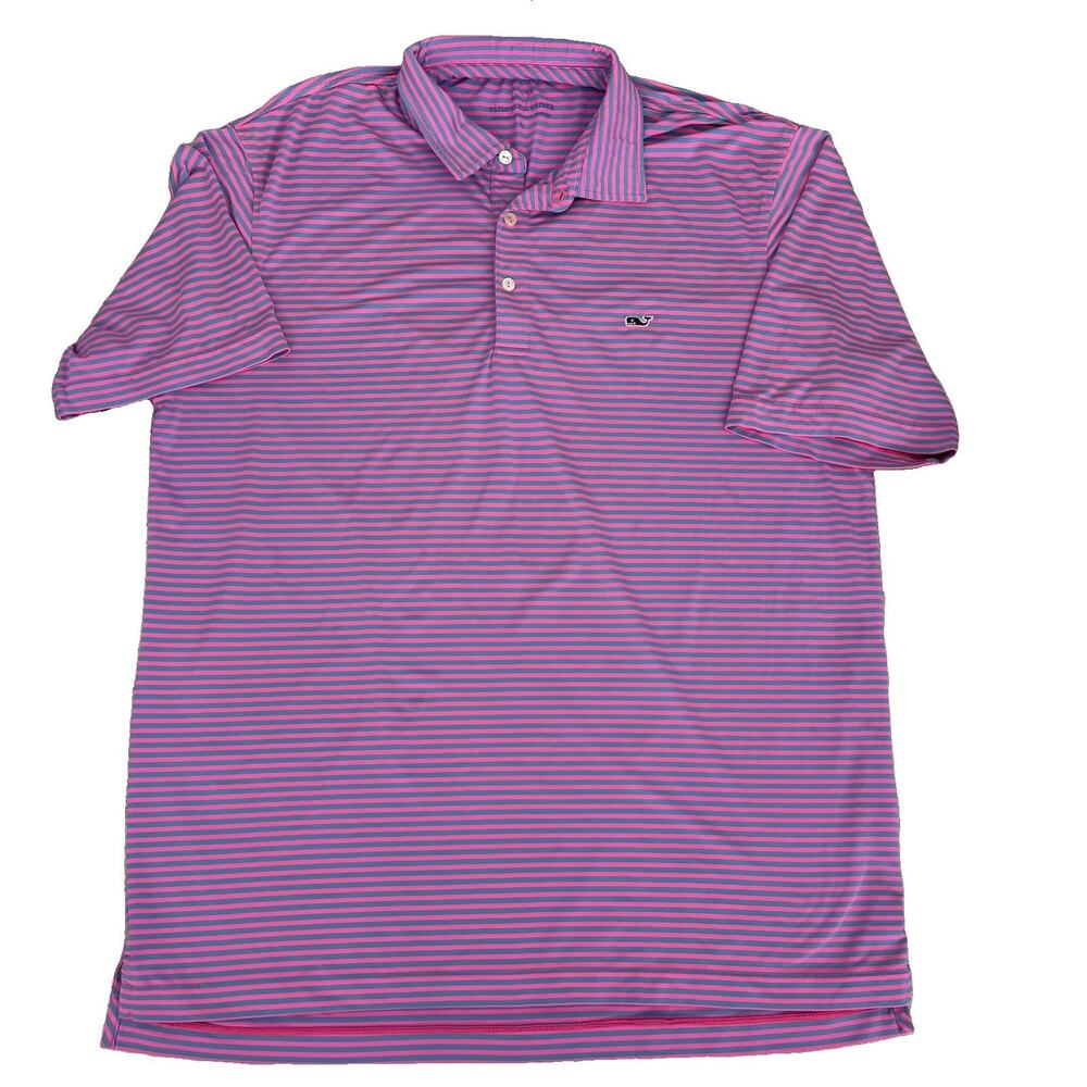 Vineyard Vines Mens Whale Logo Performance Blue Pink Striped L Golf Athleisure